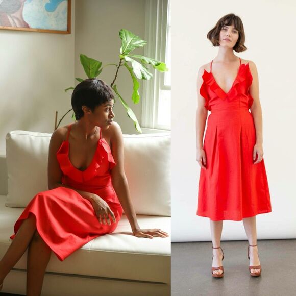 NWT Toit Volant Nana Atelier Red Ruffle Dress Sz L Backless Linen Blend - Picture 4 of 11